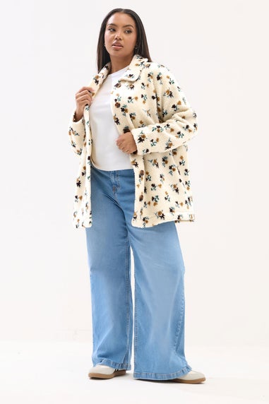 Yours Curve Ivory White Floral Print Teddy Fleece Jacket