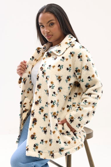 Yours Curve Ivory White Floral Print Teddy Fleece Jacket