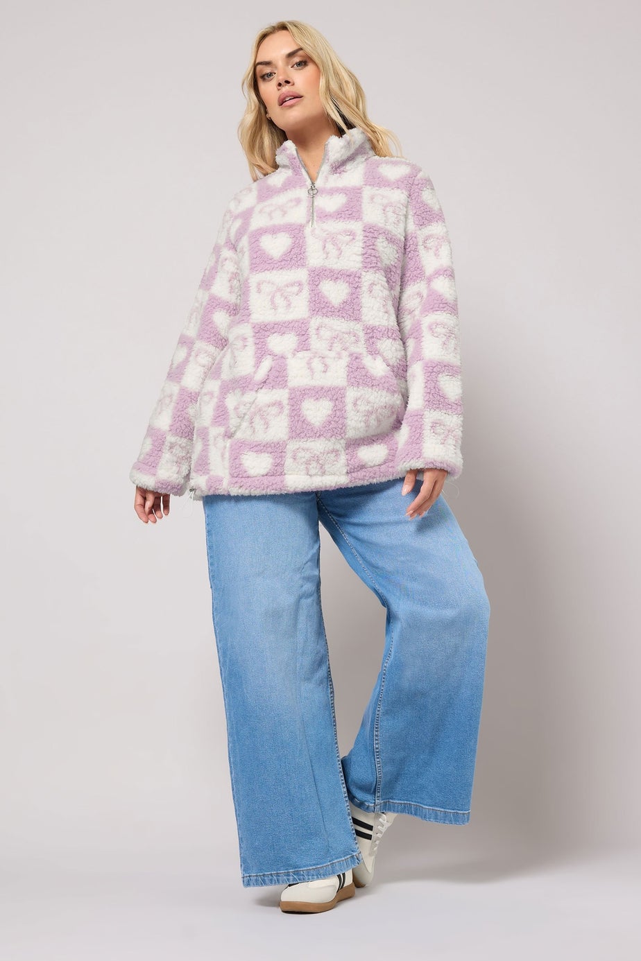 Yours Curve Pink Check Quarter Zip Fleece Jacket
