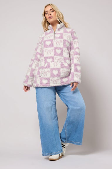 Yours Curve Pink Check Quarter Zip Fleece Jacket