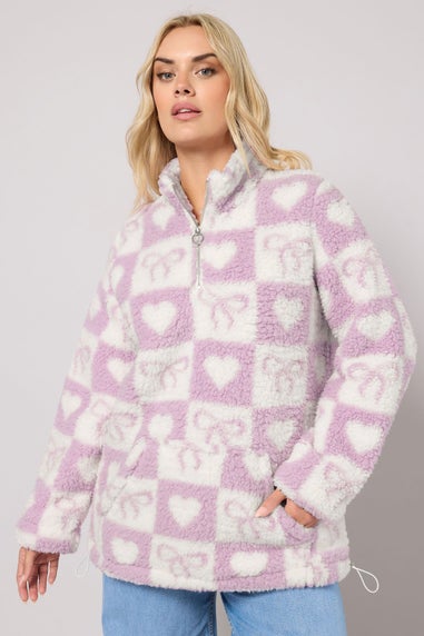 Yours Curve Pink Check Quarter Zip Fleece Jacket