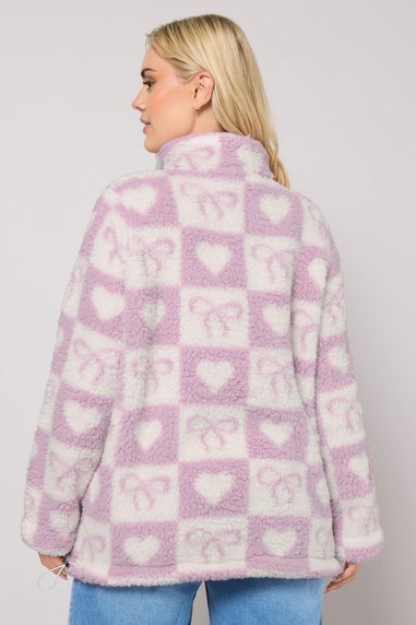 Yours Curve Pink Check Quarter Zip Fleece Jacket