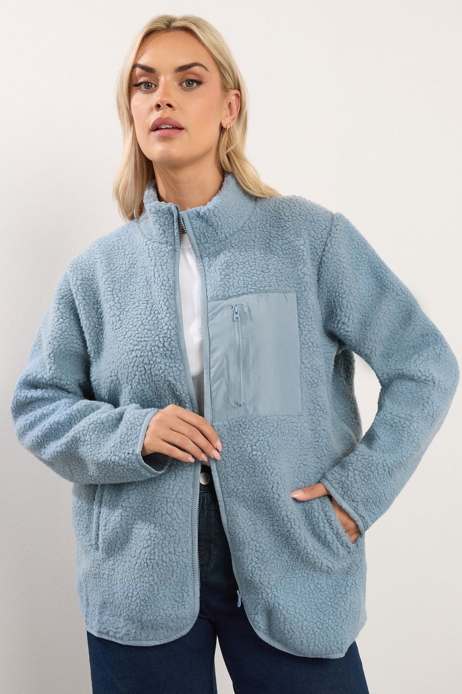 Yours Curve Blue Teddy Borg Zip Through Fleece
