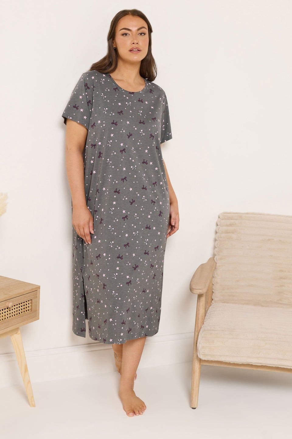 Yours Curve Grey Bow and Star Print Midaxi Nightdress