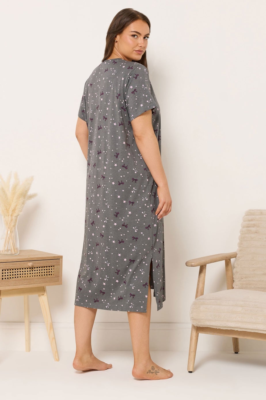 Yours Curve Grey Bow and Star Print Midaxi Nightdress