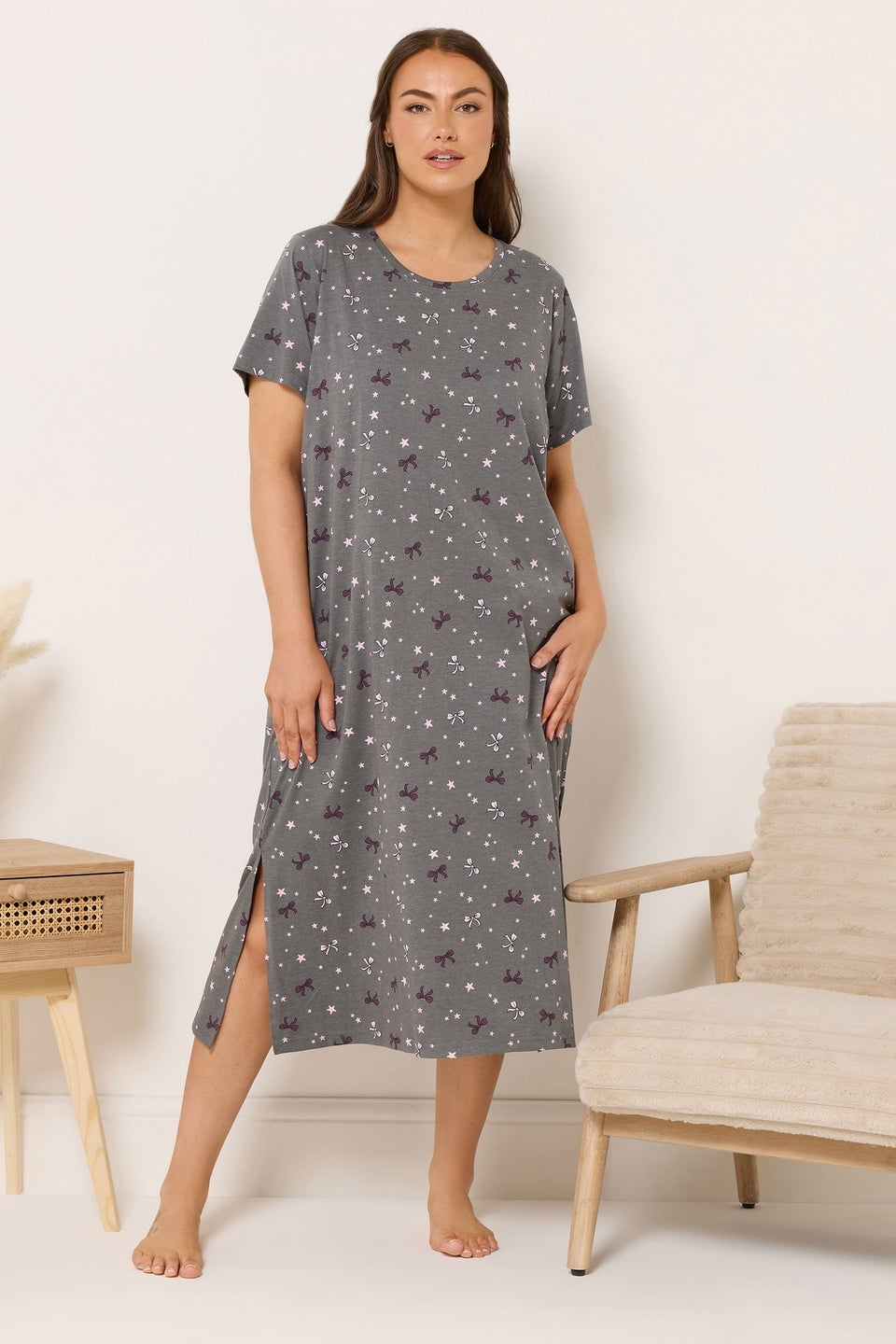 Yours Curve Grey Bow and Star Print Midaxi Nightdress