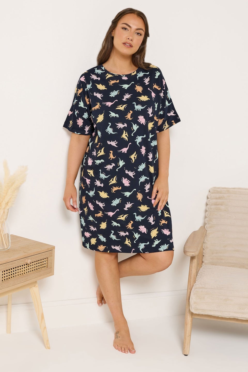 Yours Curve Navy Blue 'Dinosnore' Print Sleep Tee Nightdress