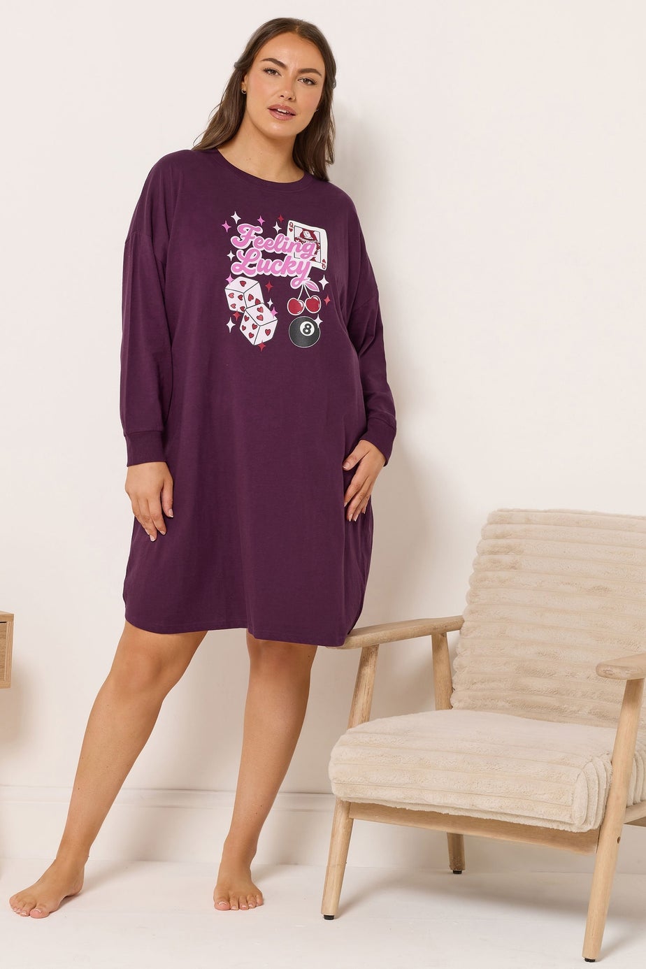 Yours Curve Burgundy Red 'Feeling Lucky' Long Sleeve Nightdress