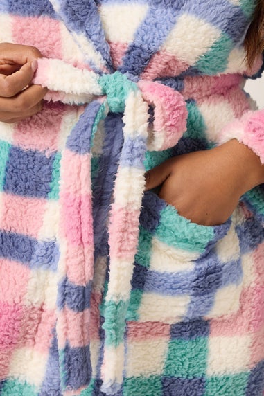 Yours Curve White Check Shawl Collar Maxi Dressing Gown