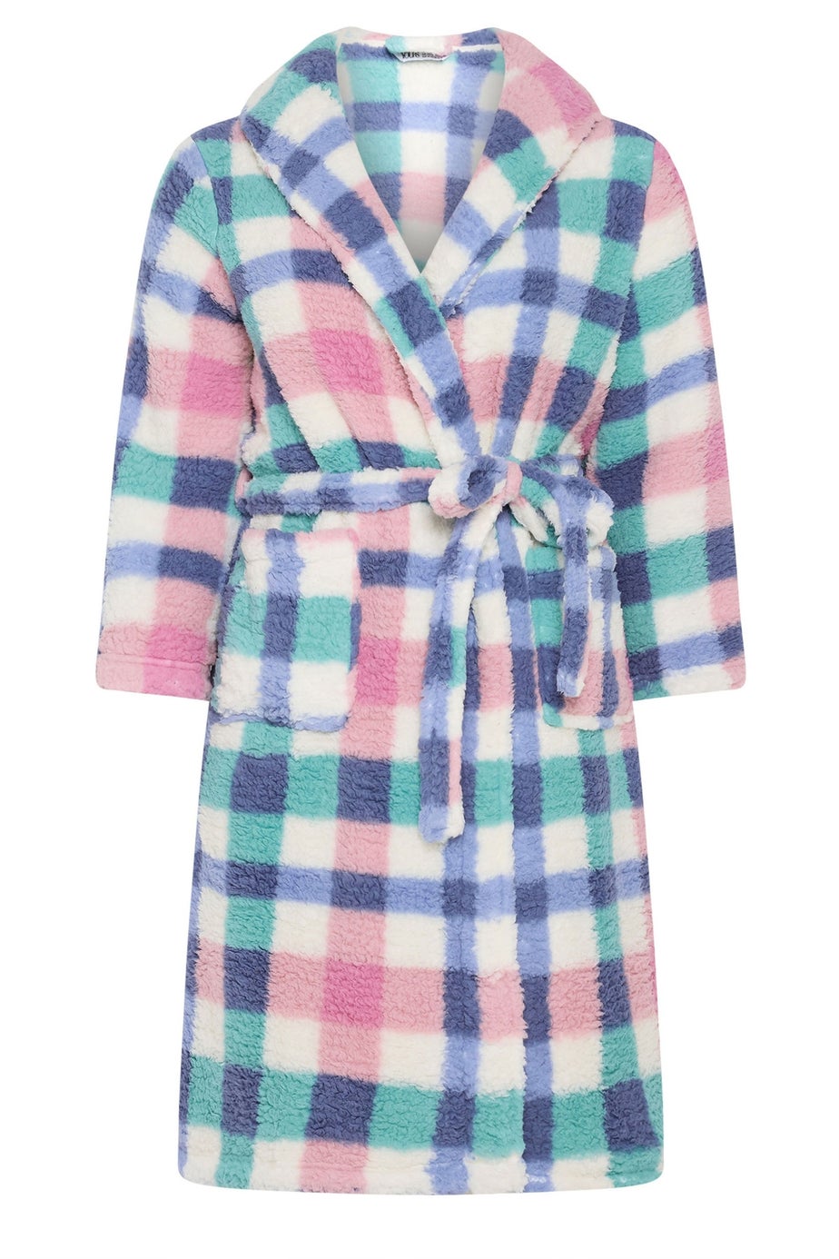 Yours Curve White Check Shawl Collar Maxi Dressing Gown