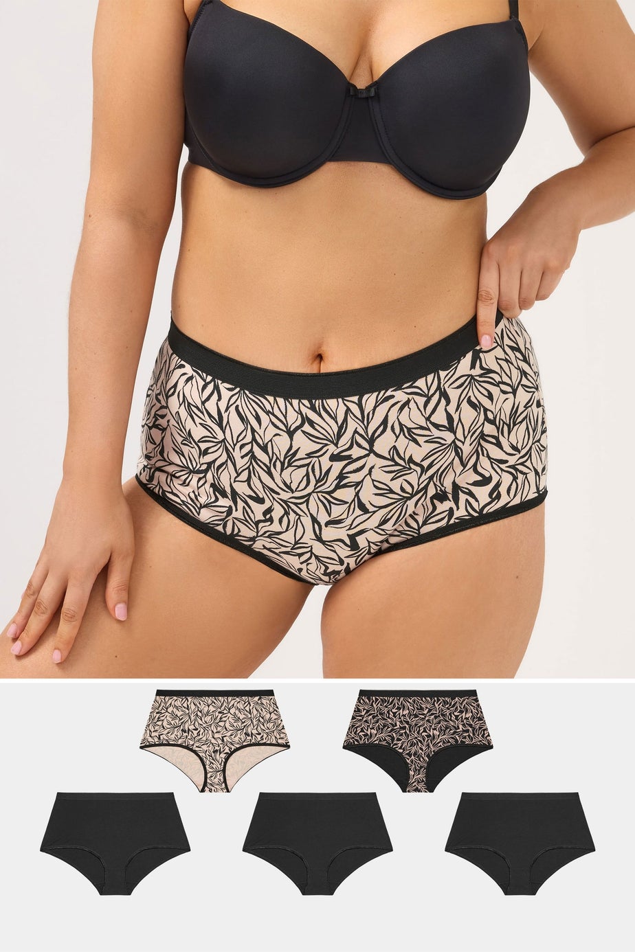 Yours 5 Pack Curve Black Leaf Print Full Briefs