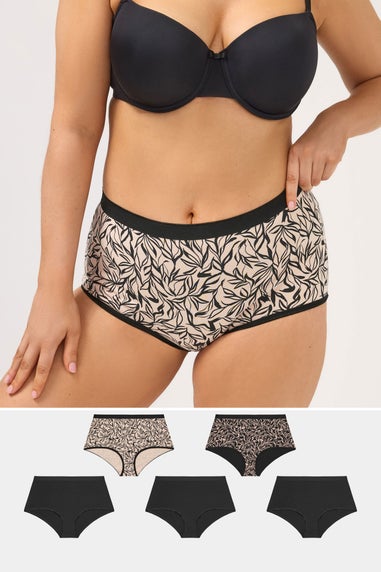 Yours 5 Pack Curve Black Leaf Print Full Briefs