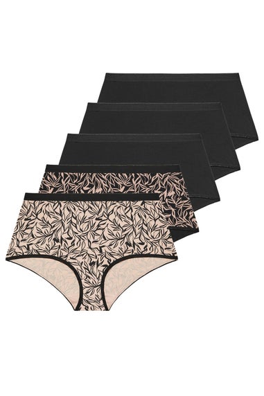 Yours 5 Pack Curve Black Leaf Print Full Briefs