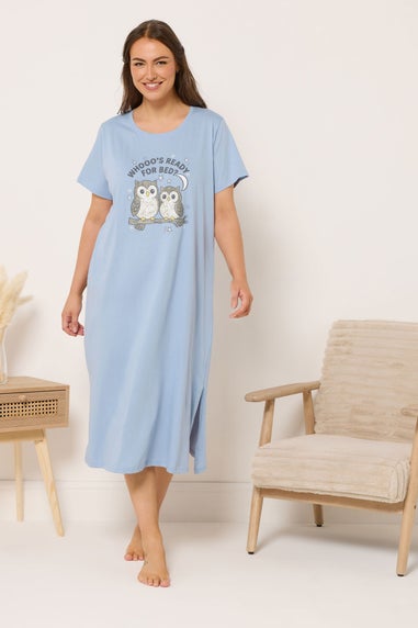 Yours Curve Blue 'Whooo's Ready For Bed?' Owl Print Maxi Nightdress
