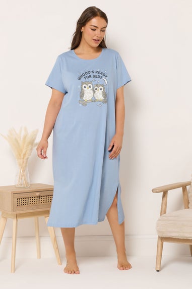 Yours Curve Blue 'Whooo's Ready For Bed?' Owl Print Maxi Nightdress