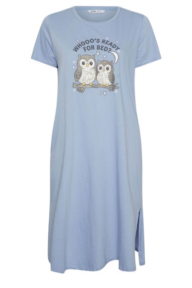 Yours Curve Blue 'Whooo's Ready For Bed?' Owl Print Maxi Nightdress