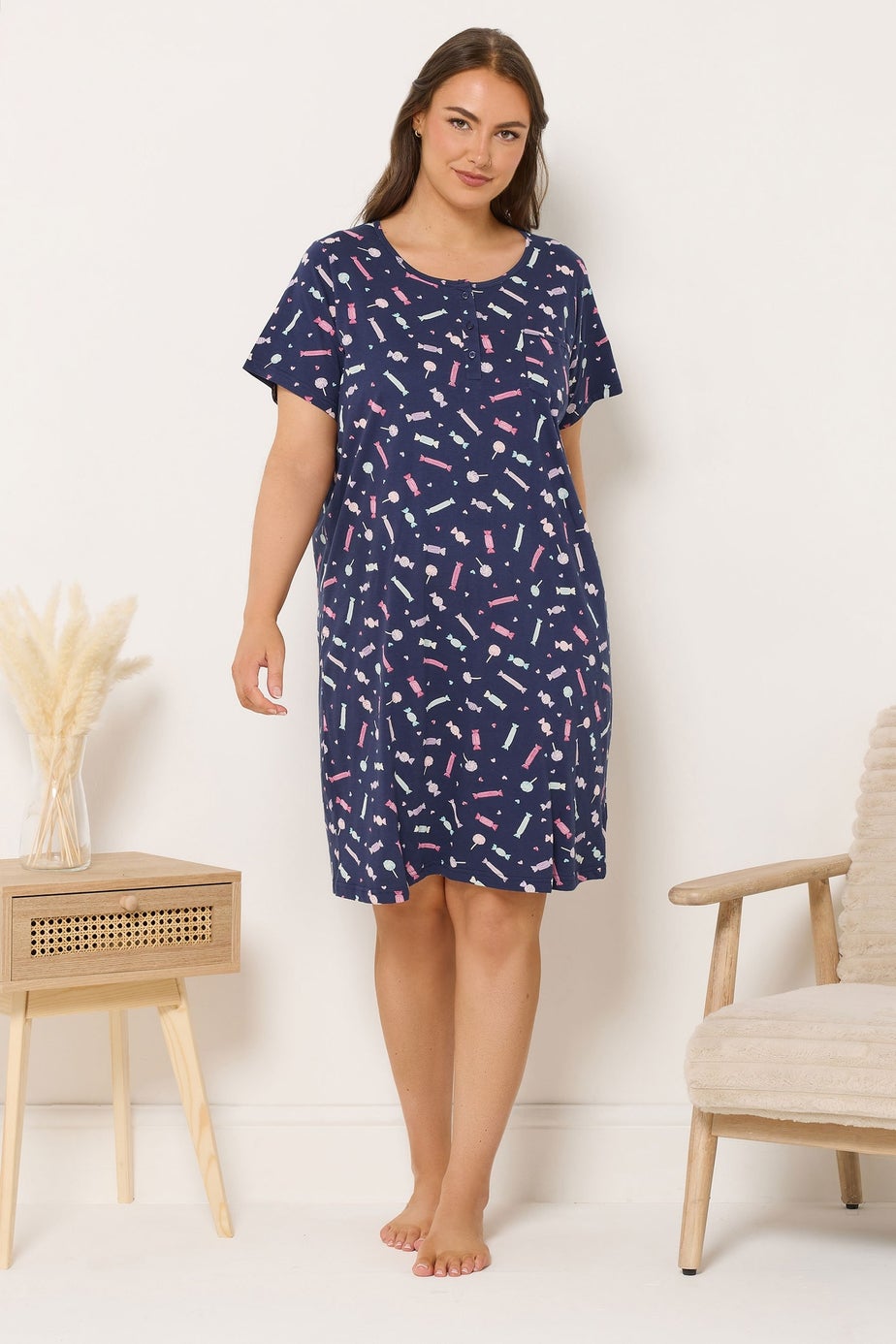Yours Curve Navy Blue Sweet Print Placket Nightdress