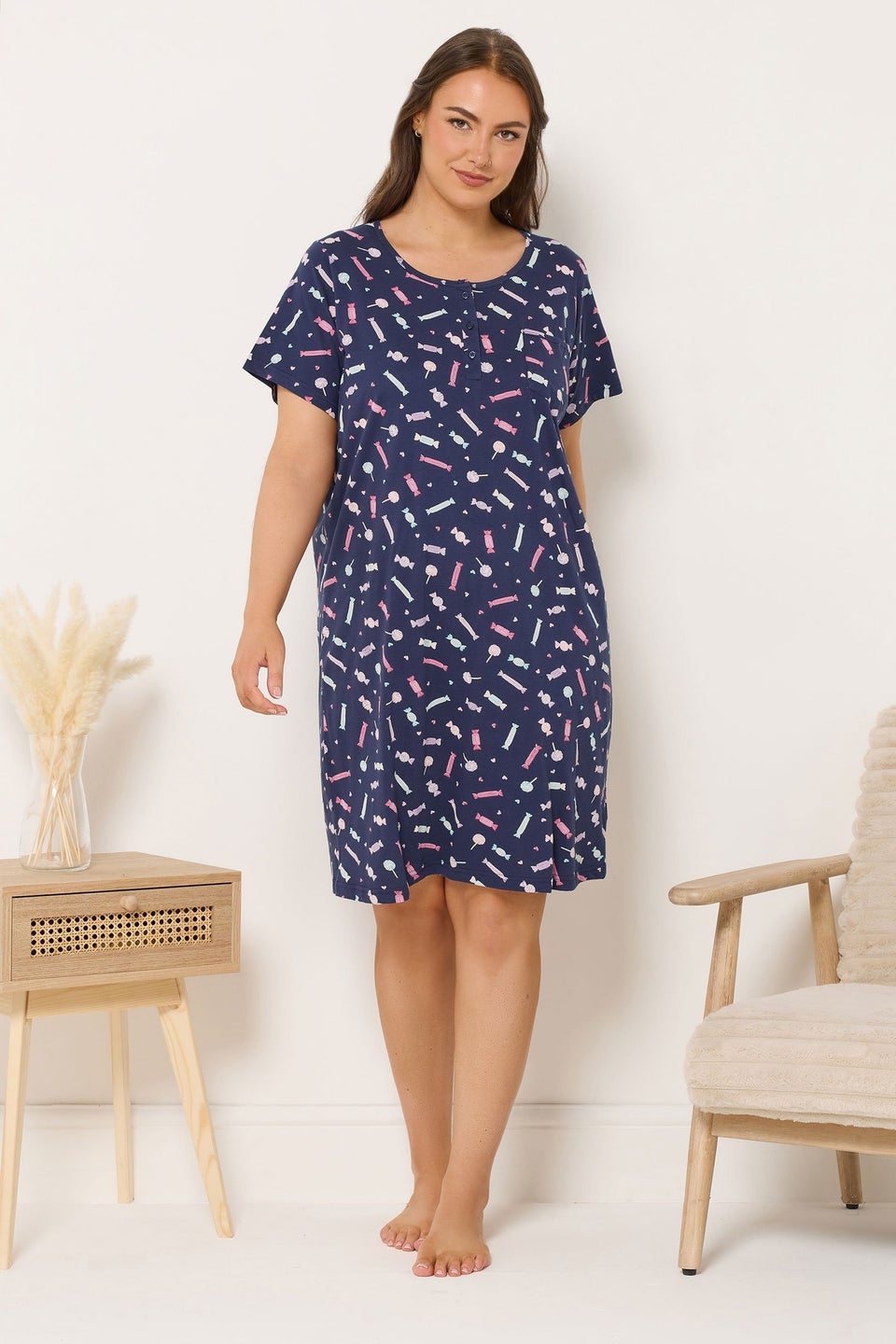 Yours Curve Navy Blue Sweet Print Placket Nightdress