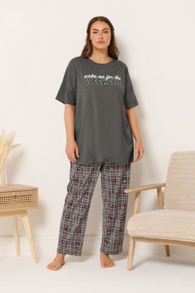 Yours Curve Grey 'Wake Me For The Weekend' Slogan Pyjama Top