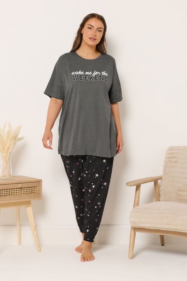 Yours Curve Grey 'Wake Me For The Weekend' Slogan Pyjama Top