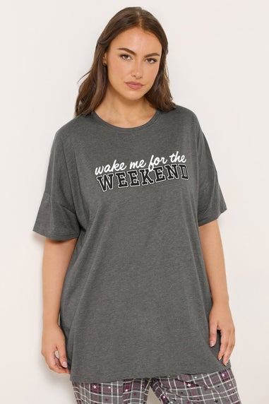Yours Curve Grey 'Wake Me For The Weekend' Slogan Pyjama Top
