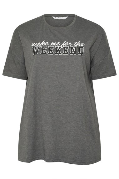 Yours Curve Grey 'Wake Me For The Weekend' Slogan Pyjama Top