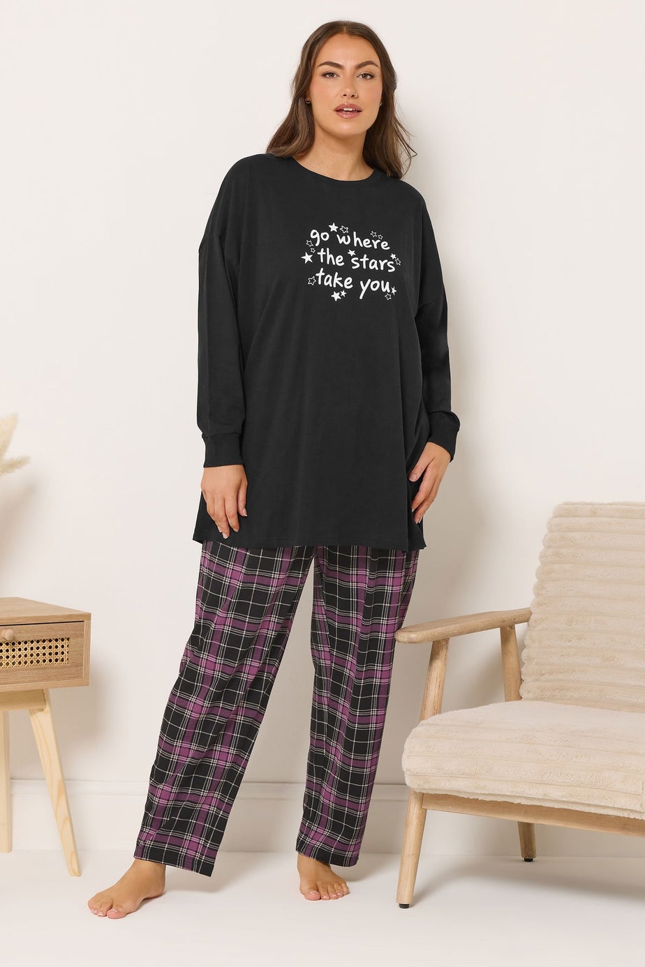 Yours Curve Black 'Go Where The Stars Take You' Slogan Pyjama Top