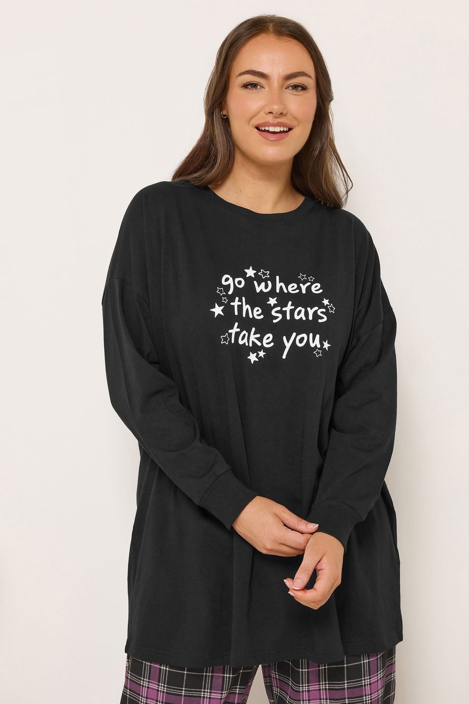 Yours Curve Black 'Go Where The Stars Take You' Slogan Pyjama Top