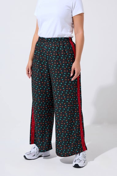 Yours Limited Curve Black Ditsy Side Stripe Wide Leg Trousers