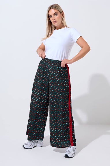 Yours Limited Curve Black Ditsy Side Stripe Wide Leg Trousers