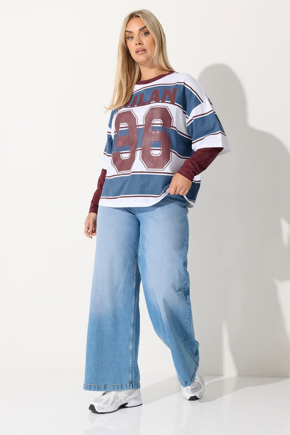 Yours Limited Curve Burgundy Red 'Milan 96' Slogan Stripe 2 in 1 T-Shirt