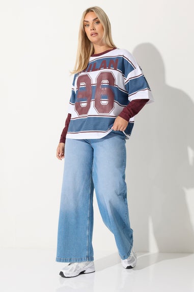 Yours Limited Curve Burgundy Red 'Milan 96' Slogan Stripe 2 in 1 T-Shirt