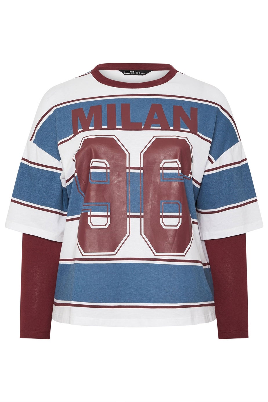 Yours Limited Curve Burgundy Red 'Milan 96' Slogan Stripe 2 in 1 T-Shirt