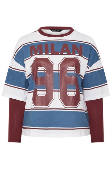 Yours Limited Curve Burgundy Red 'Milan 96' Slogan Stripe 2 in 1 T-Shirt