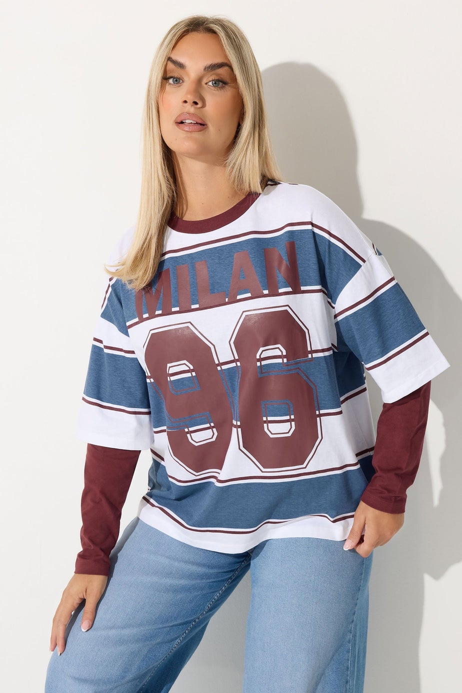 Yours Limited Curve Burgundy Red 'Milan 96' Slogan Stripe 2 in 1 T-Shirt