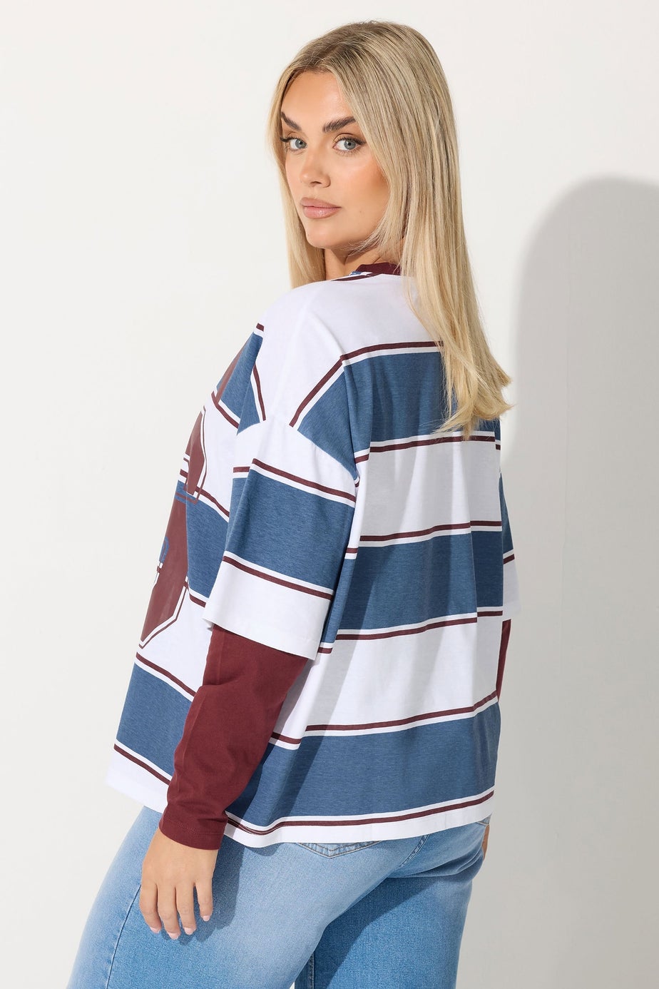 Yours Limited Curve Burgundy Red 'Milan 96' Slogan Stripe 2 in 1 T-Shirt