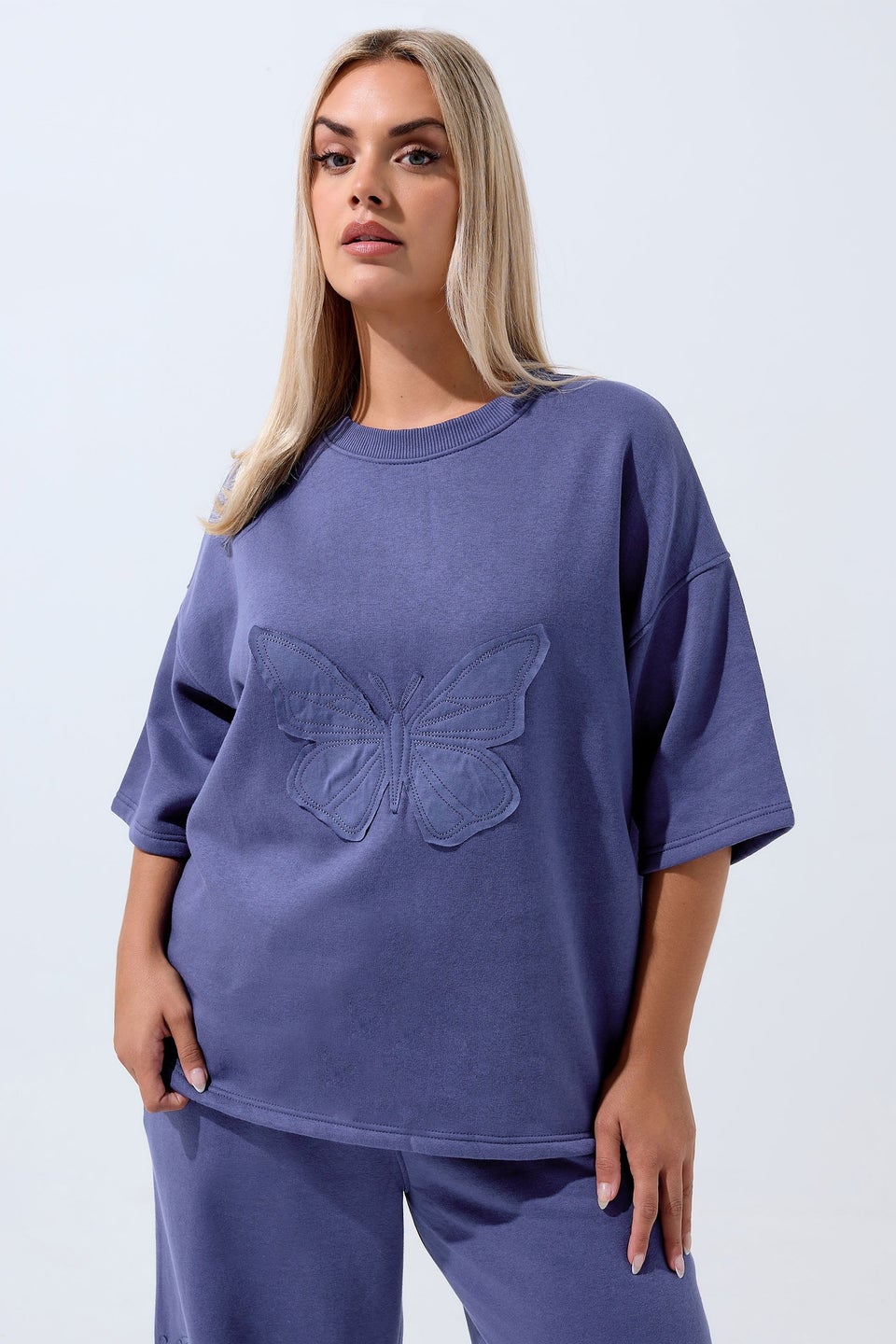 Yours Limited Curve Purple Embroidered Butterfly Oversized Sweat T-Shirt