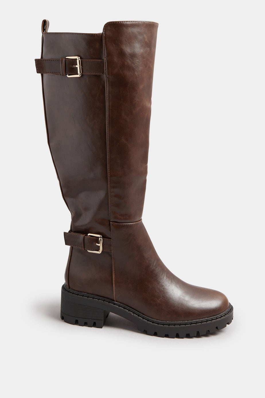 Yours Brown Faux Leather Buckle Detail Knee High Boots In Standard Fit