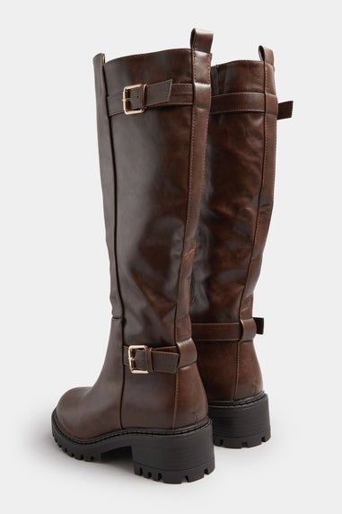 Yours Brown Faux Leather Buckle Detail Knee High Boots In Standard Fit