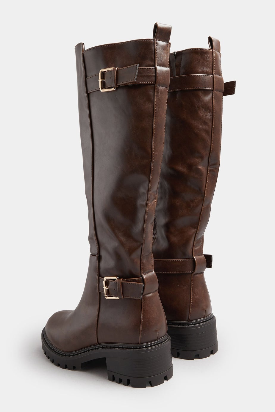 Yours Brown Faux Leather Buckle Detail Knee High Boots In Standard Fit