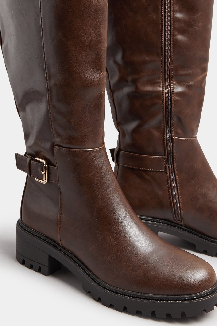 Yours Brown Faux Leather Buckle Detail Knee High Boots In Standard Fit