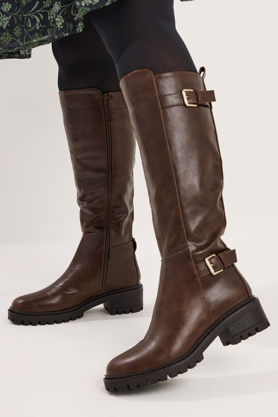 Yours Brown Faux Leather Buckle Detail Knee High Boots In Standard Fit
