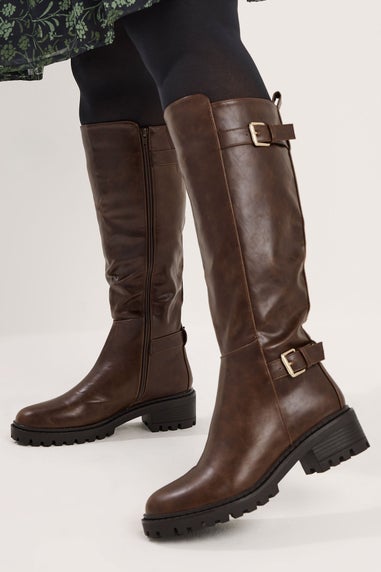 Yours Brown Faux Leather Buckle Detail Knee High Boots In Standard Fit