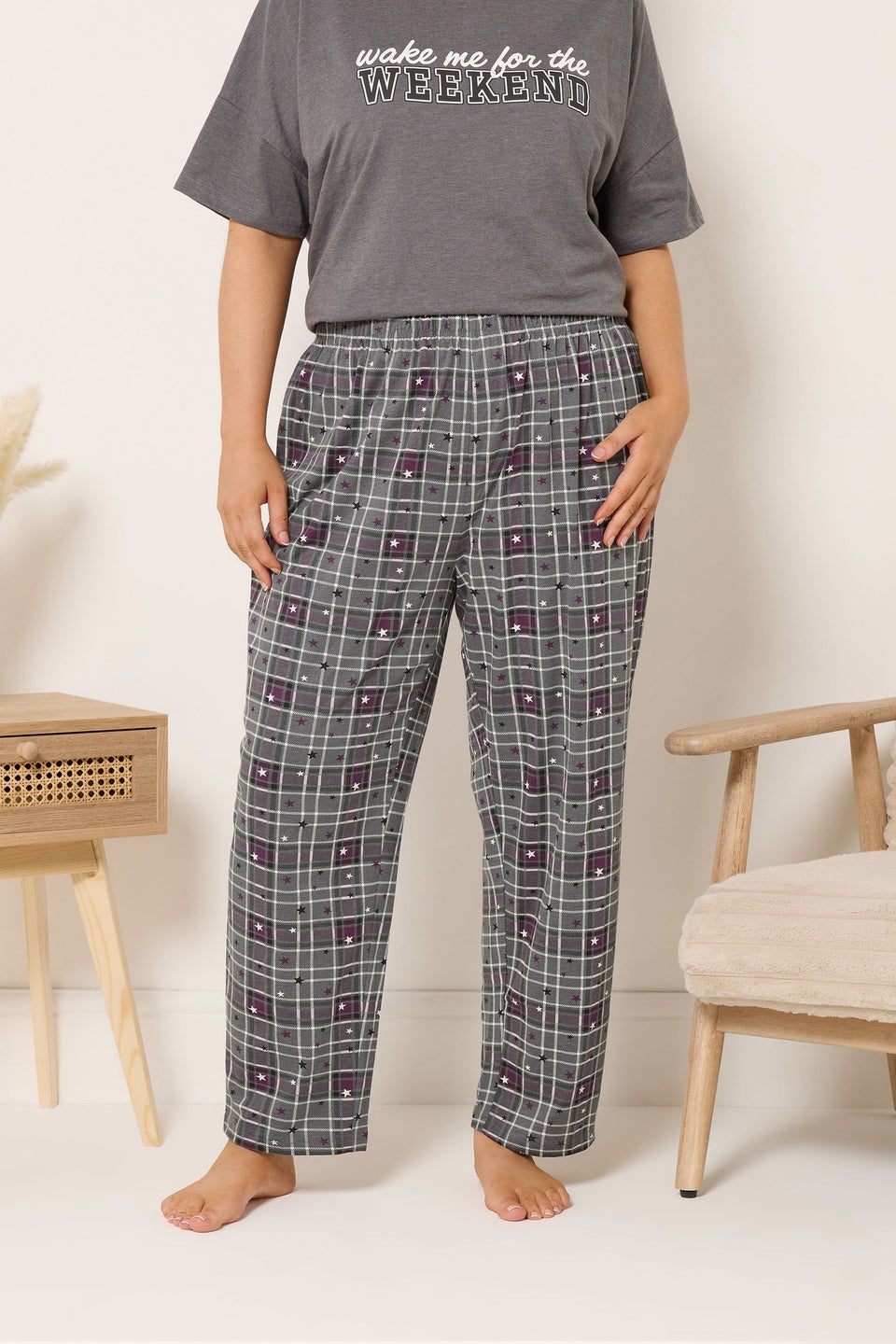 Yours Curve Grey Check Wide Leg Pyjama Bottoms