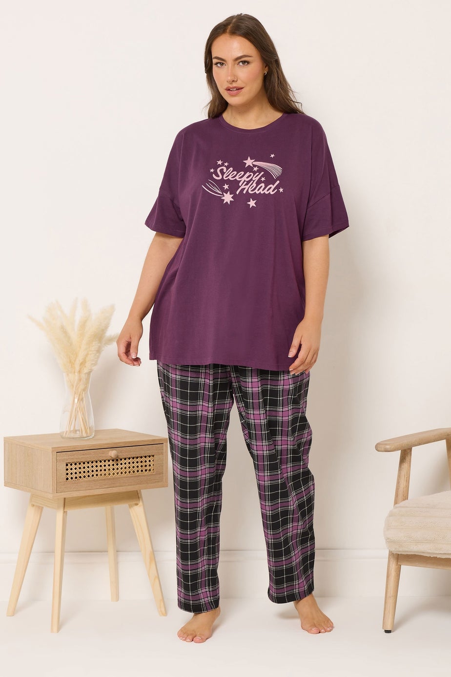 Yours Curve Black Check Wide Leg Pyjama Bottoms