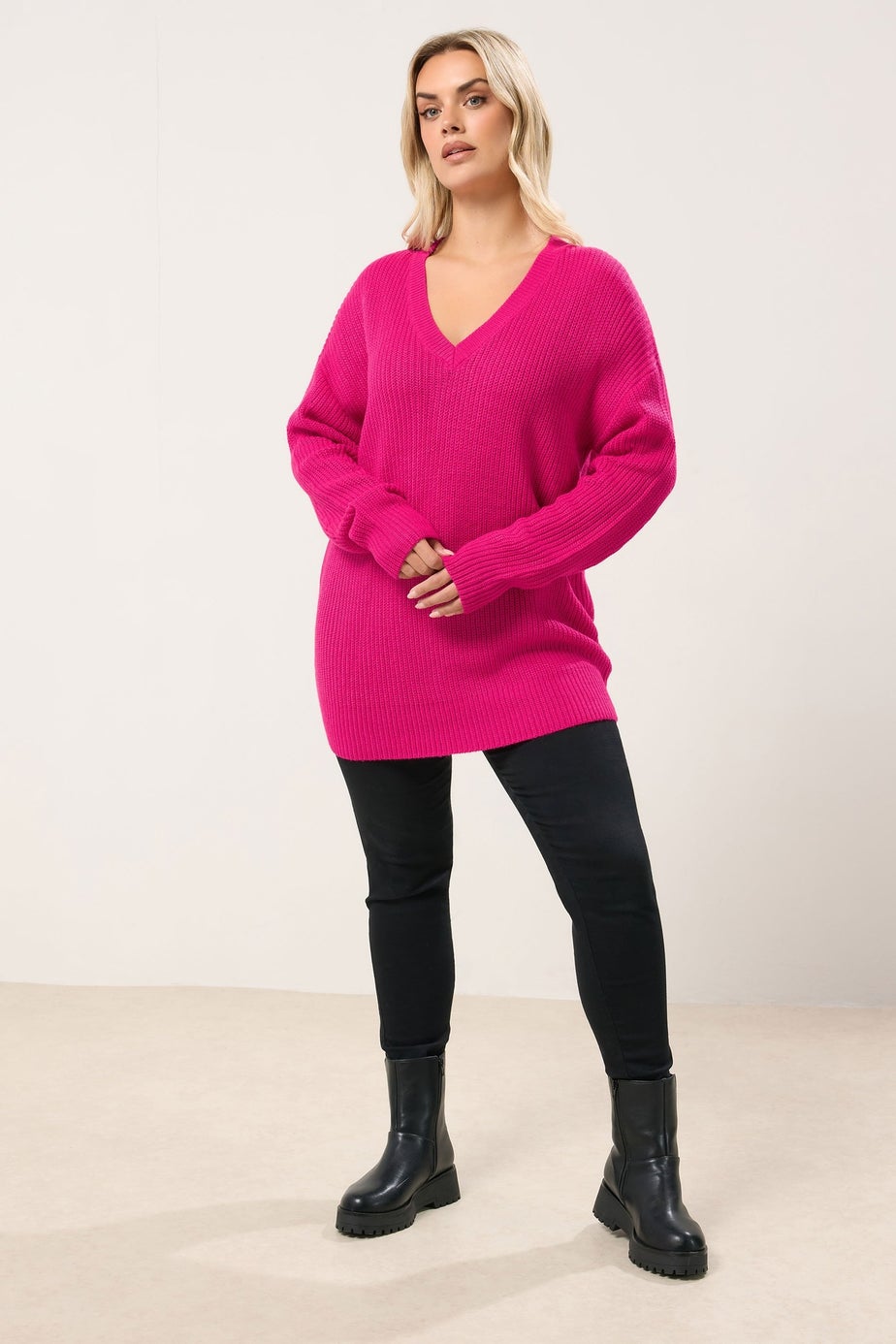 Yours Curve Hot Pink V-Neck Drop Shoulder Jumper