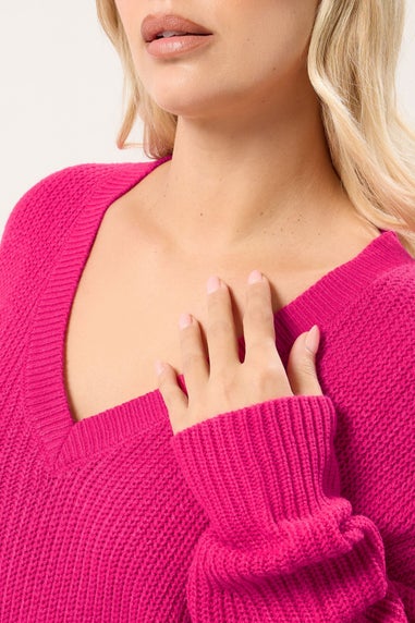 Yours Curve Hot Pink V-Neck Drop Shoulder Jumper