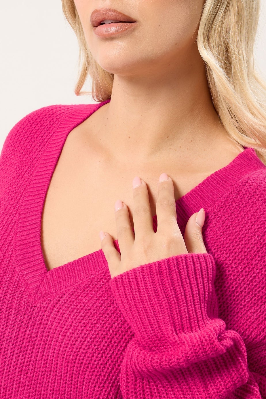 Yours Curve Hot Pink V-Neck Drop Shoulder Jumper