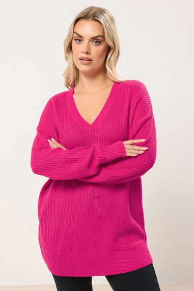 Yours Curve Hot Pink V-Neck Drop Shoulder Jumper