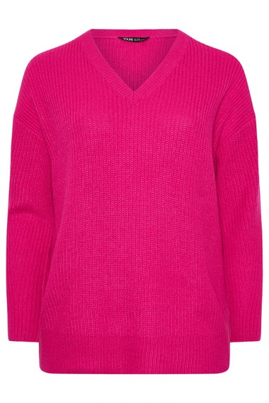 Yours Curve Hot Pink V-Neck Drop Shoulder Jumper
